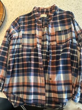 Plaid Button-Up Shirt in Navy, Rust & Cream